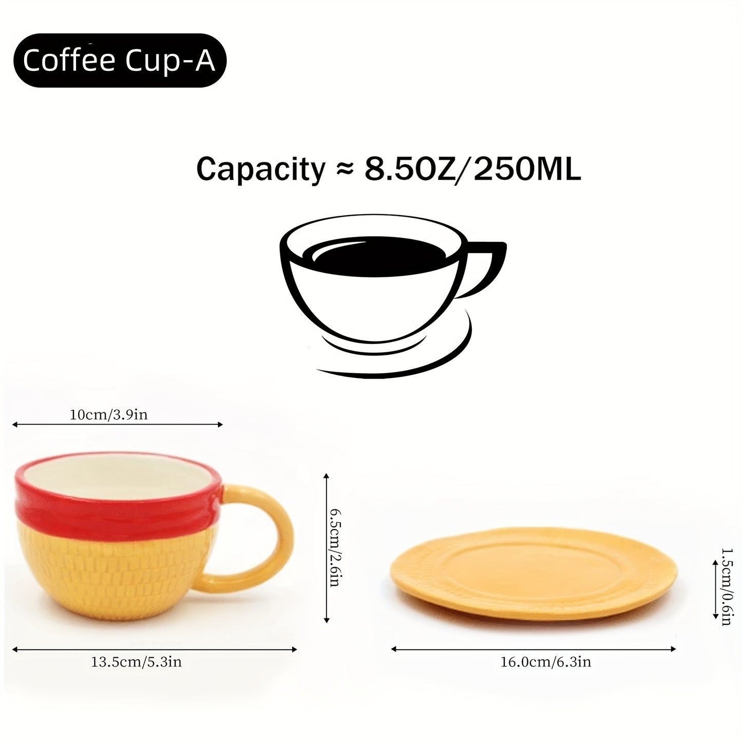 One Piece Ceramic Coffee Cups and Saucers Set - Microwave Safe, Lead-Free, Poly-Coated, Reusable, Round, Matching Set for Adults - Perfect Gift for Him/Her on Christmas, Easter, Halloween, Hanukkah, Thanksgiving