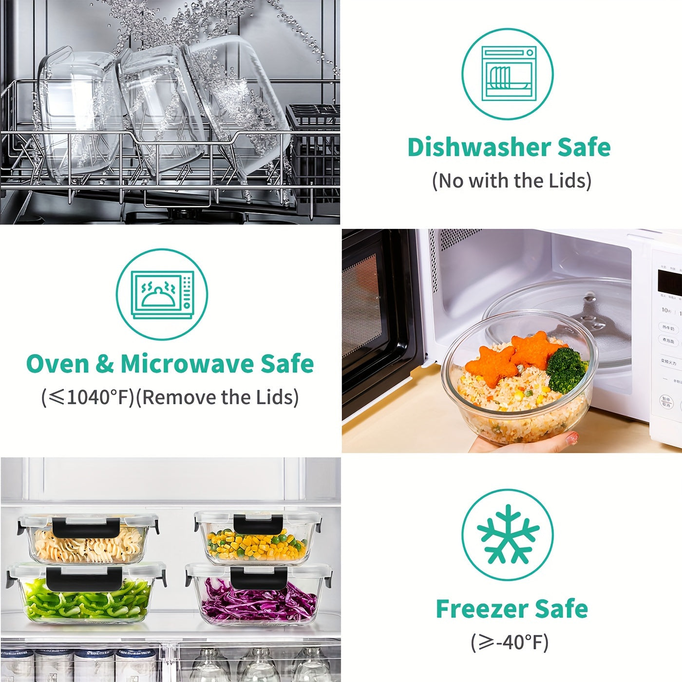 34-piece set of glass food storage containers with lids, airtight glass meal prep containers (17 containers and 17 lids), leak-proof lunch containers BPA-free, microwave, oven, freezer, dishwasher safe, black