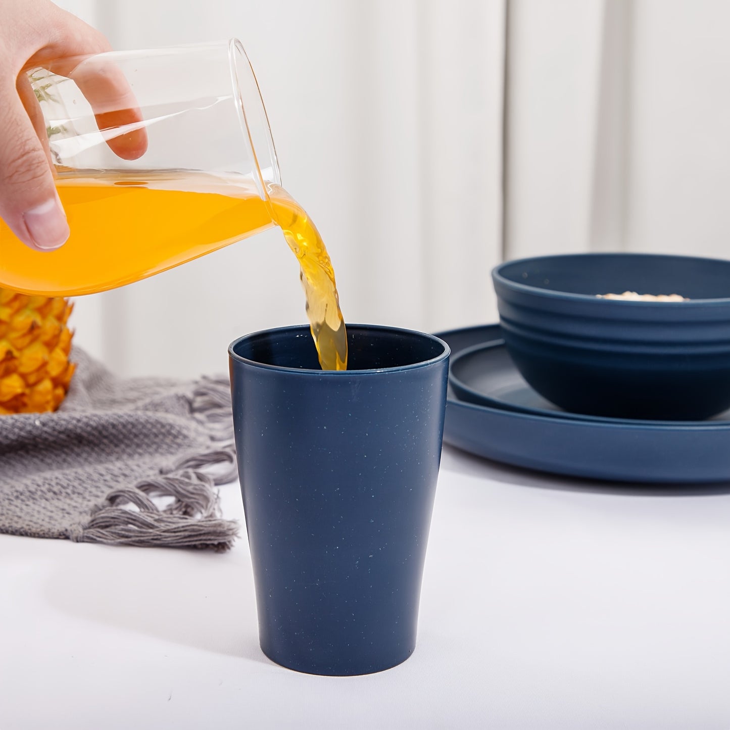 32pcs Wheat Straw Dinnerware Sets, Dinnerware Sets For 8, Plates And Bowls Sets, Reusable Dinnerware Set, Microwave Dishwasher Safe, Blue Plastic Dinnerware Sets Include 16pcs Plates, 8pcs Bowls, 8pcs Cups