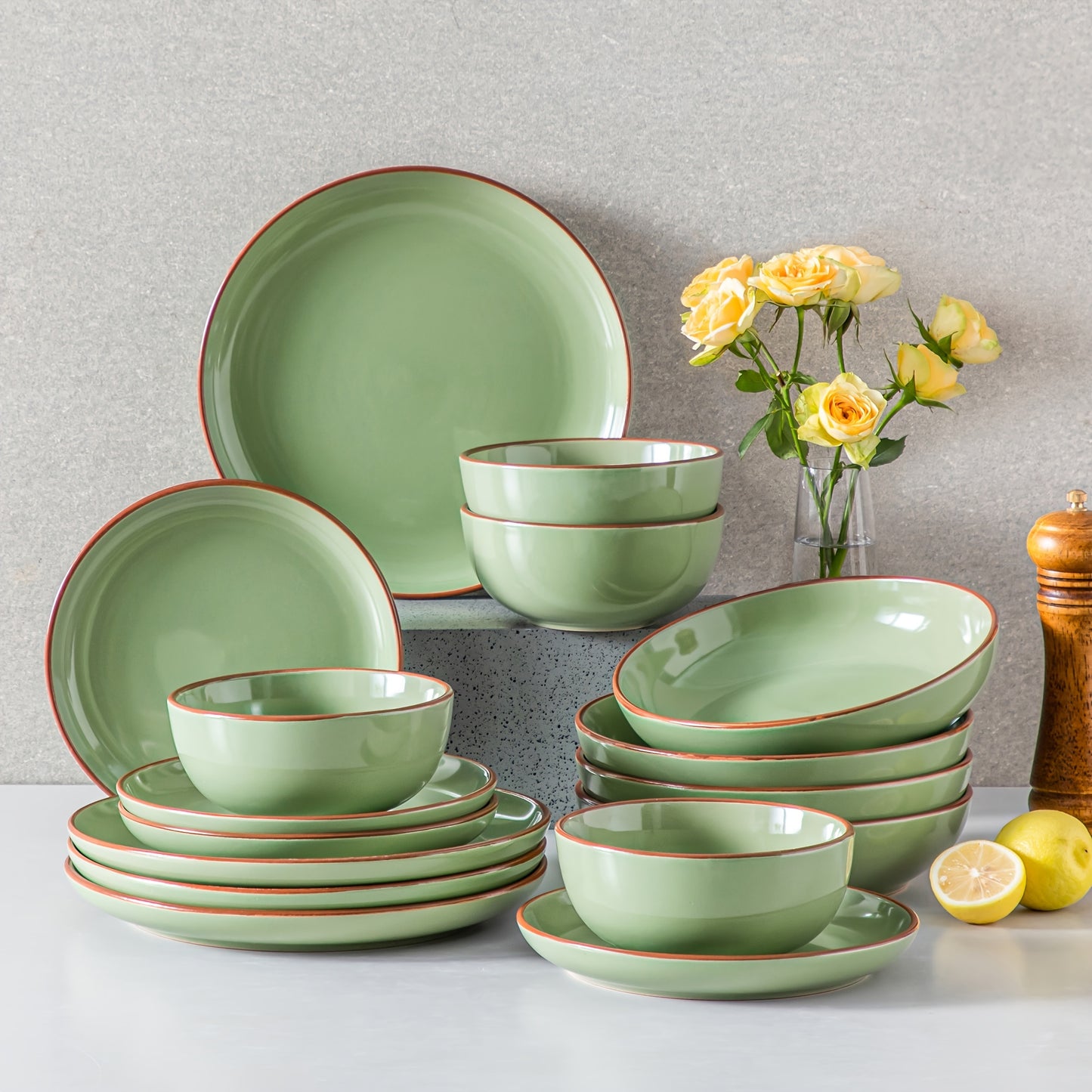 16-Piece Premium Stoneware Dinnerware Set - Smooth, Scratch-Resistant & Durable - Invigorating Green for 4 - Microwave & Dishwasher Safe