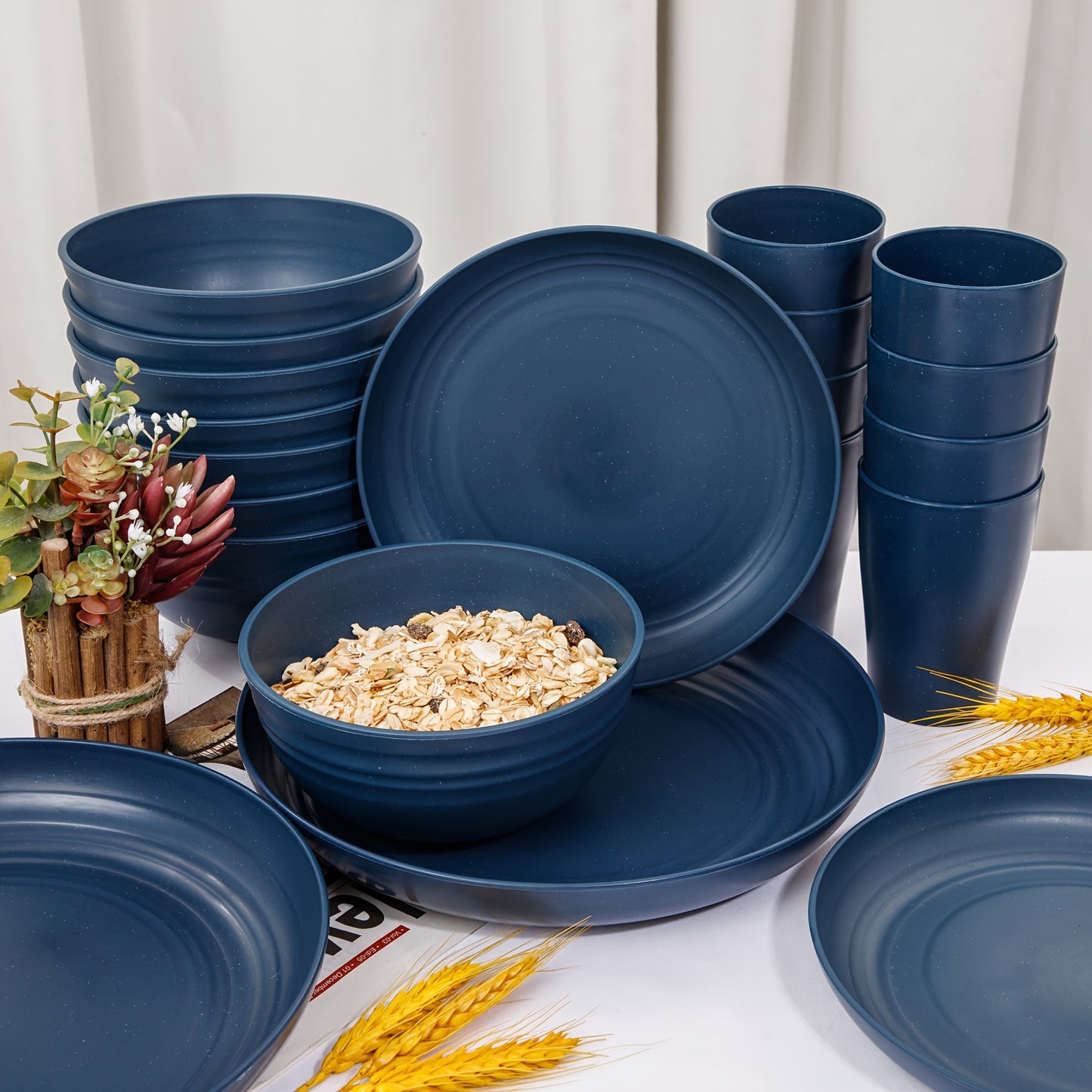 32pcs Wheat Straw Dinnerware Sets, Dinnerware Sets For 8, Plates And Bowls Sets, Reusable Dinnerware Set, Microwave Dishwasher Safe, Blue Plastic Dinnerware Sets Include 16pcs Plates, 8pcs Bowls, 8pcs Cups