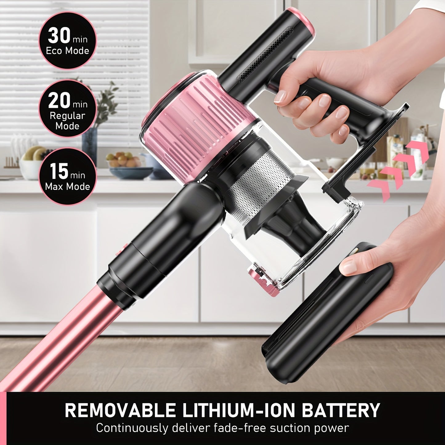 Cordless Vacuum Cleaner, 30Kpa 8 In 1 Lightweight Stick Vacuum With Sofa Brush, High-speed Motor, Anti-Tangle Brush With Green Light, 40mins Runtime Rechargeable Vacuums For Hardwood Floor, Carpet, Pet Hair, Pink