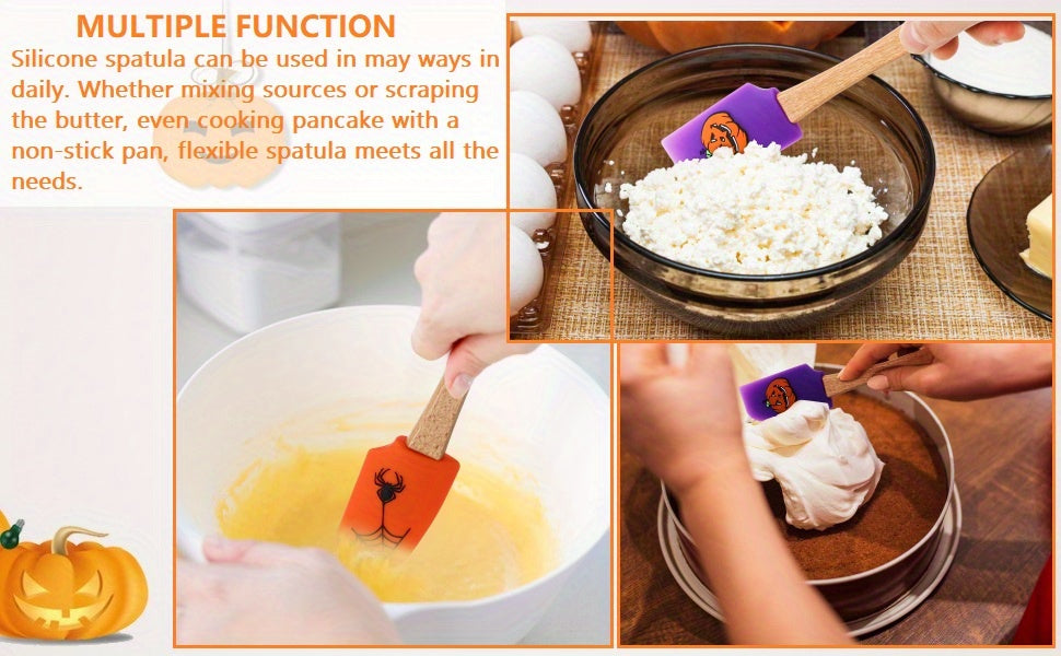 1/4Pcs, Halloween Spatula, Wooden Handle Silicone Spatula, Heat Resistant Silicone Scraper Set, Cream Spatula, Kitchen Scraper For Cooking, Baking And Mixing, Pumpkin Spatula, Kitchen Supplies, Halloween Gift, Halloween Decor