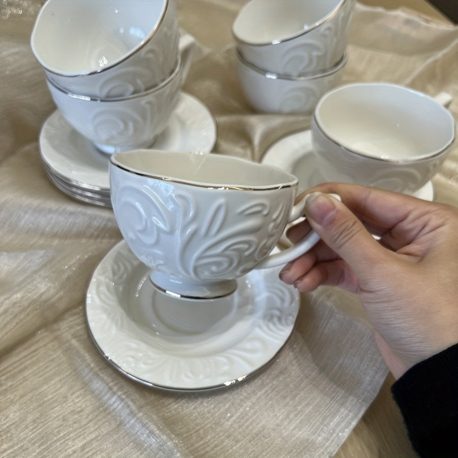 Luxury Floral Embossed Golden-Trimmed Tea Set - 6 Ceramic Cups & Saucers, Microwave Safe, Perfect for Afternoon Tea, Desserts & Gifts