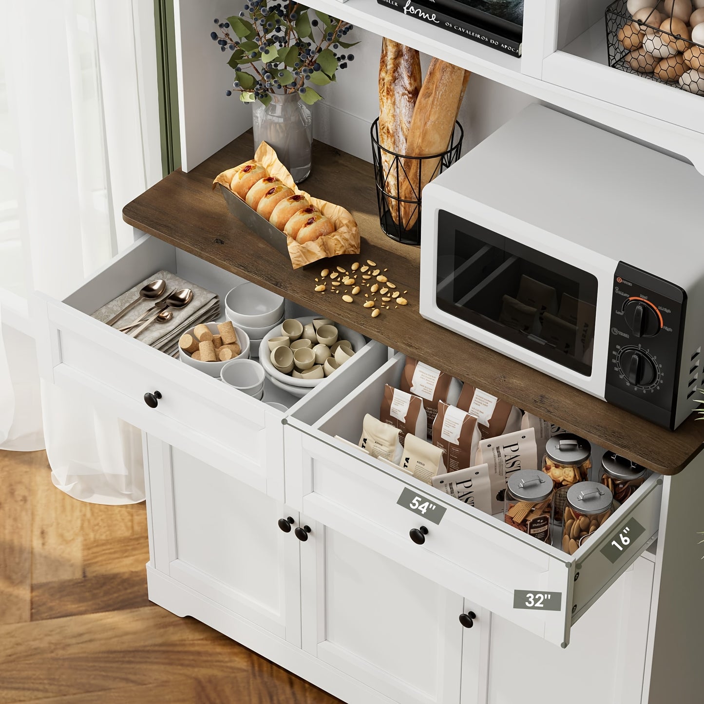 FULTRU Kitchen Pantry Storage Cabinet, Freestanding Hutch Cabinet with Buffet Cupboard, Utility Pantry with Microwave Stand, Tall Kitchen Cabinets with Adjustable Shelves for Kitchen