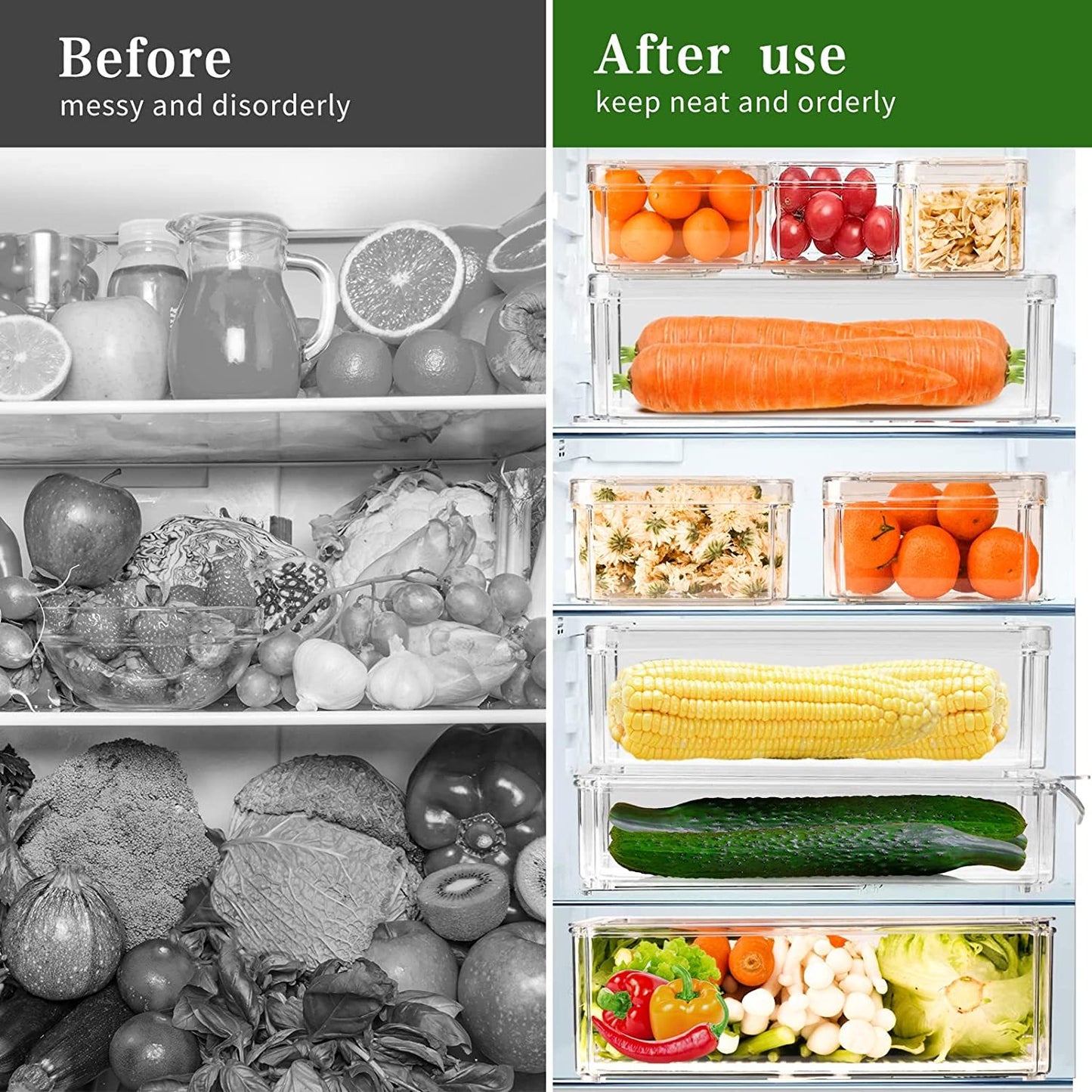 10PCS Clear Fridge Organizer Bins with Lids & Drain System - Stackable, Space-Saving Storage for Food, Drinks, Vegetables - Perfect Kitchen Organization Supplies