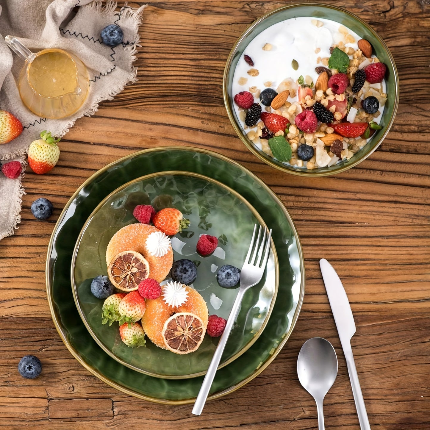 Ceramic Round Dessert Salad Plates - 8 Inch, Set of 6, Oven, Microwave, and Dishwasher Safe, Scratch Resistant, Porcelain Fluted Suitable for Appetizer, Snacks, Home, Party (Green)