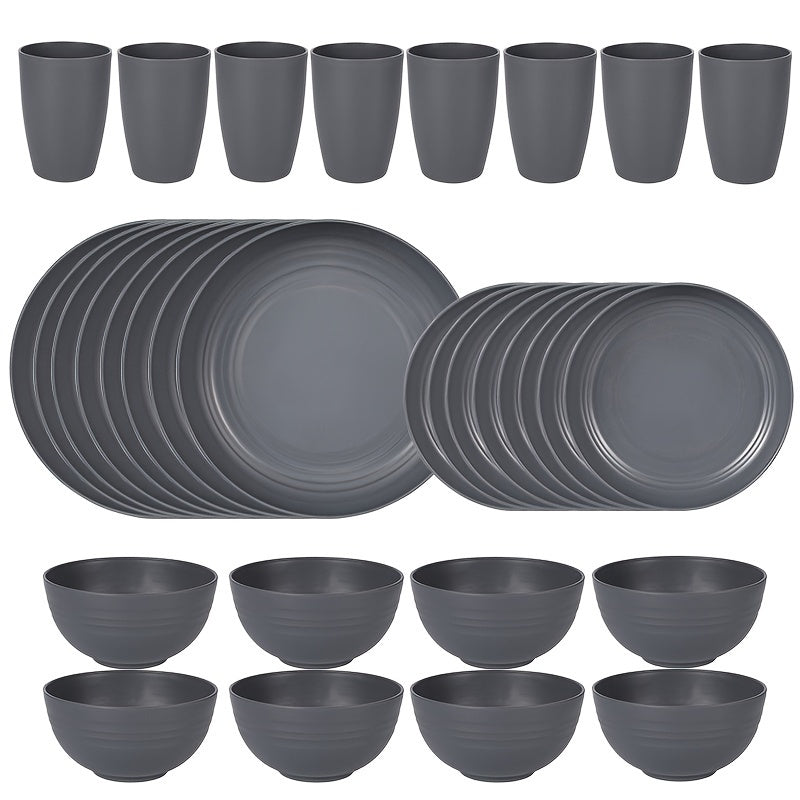 A 32pcs Gray Wheat Dinnerware Set, Durable Black Design, Safe for Microwave And Dishwasher. Includes 16 Plates, 8 Bowls, And 8 Cups, Suitable for Indoor And Outdoor Camping And Picnics.