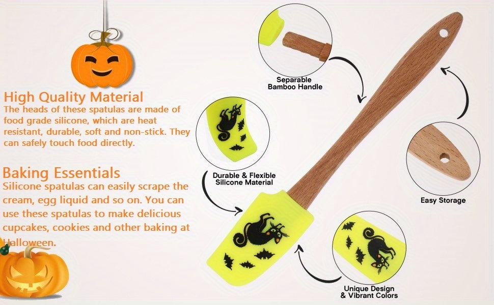 1/4Pcs, Halloween Spatula, Wooden Handle Silicone Spatula, Heat Resistant Silicone Scraper Set, Cream Spatula, Kitchen Scraper For Cooking, Baking And Mixing, Pumpkin Spatula, Kitchen Supplies, Halloween Gift, Halloween Decor