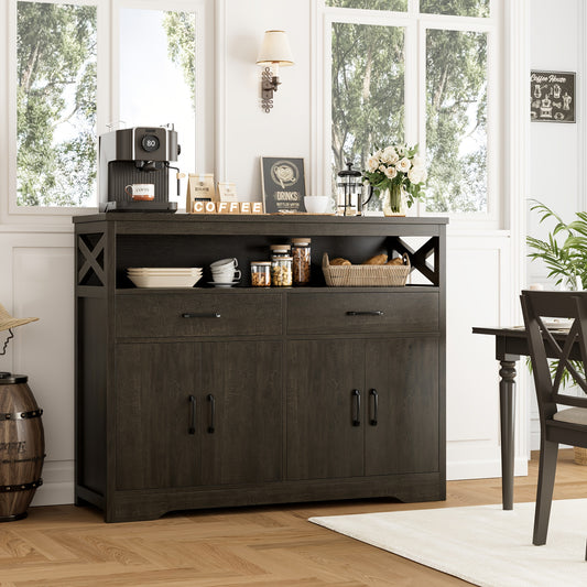 FULTRU 47" Modern Farmhouse Sideboard Buffet Cabinet, Wood Buffet Storage Cabinet with Drawers & Shelves, Large Coffee Bar Cabinet with Storage, Microwave Stand for Kitchen, Dining Room, Dark Brown, White + Rustic Brown, Whit