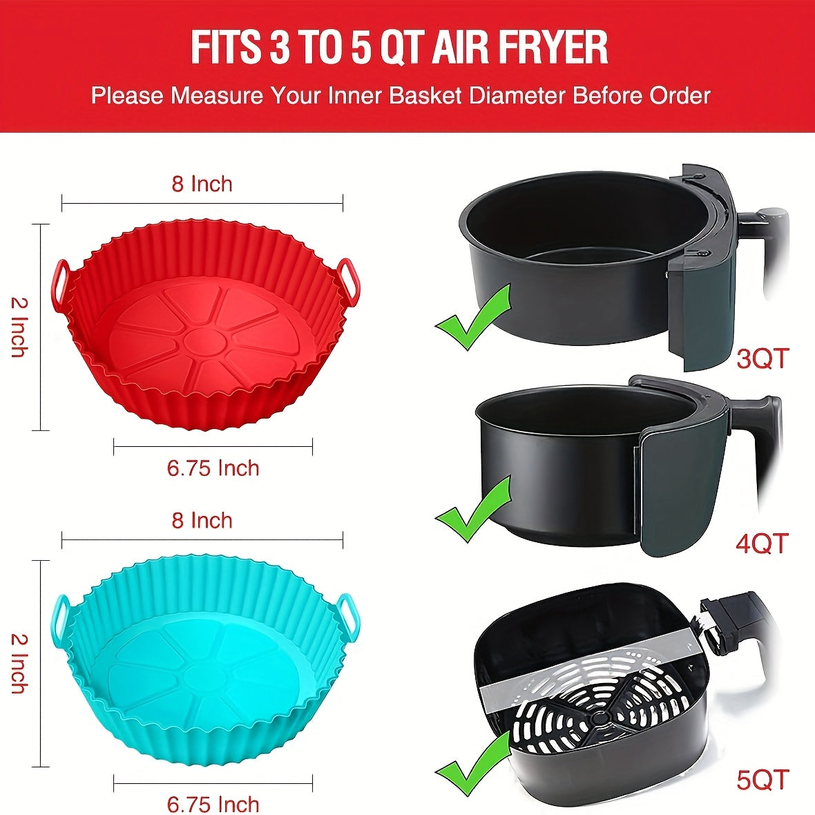 2pcs Square/rotundity Silicone Air Fryer Liner -8 Inches Reusable Air Fryer- Air Fryer Accessories - Air Fryer Insert for 4 to 7 QT Ovens And Microwave Accessories (red+blue)
