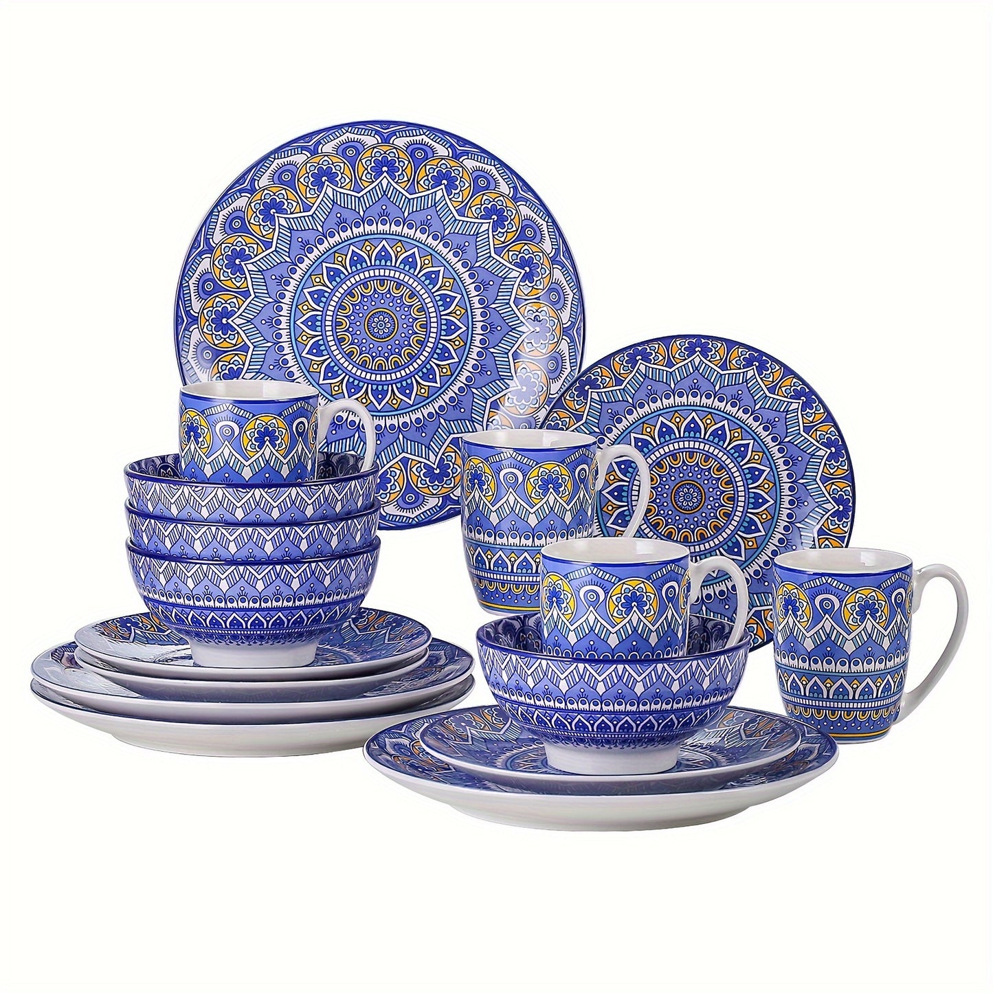 16-Piece Blue Boho Porcelain Dinnerware Set - Stylish Tableware for Home, Kitchen & Restaurant - Durable, Versatile, Serves 4 - Includes Plates, Bowls, & Cups - Microwave & Dishwasher Safe
