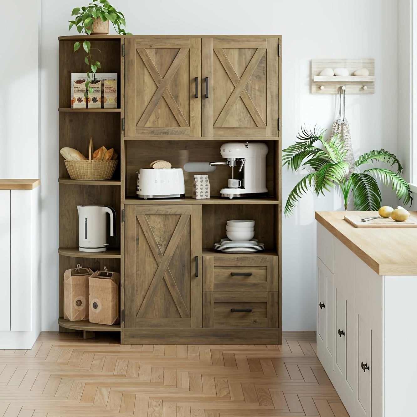 FULTRU 60.4" Farmhouse Kitchen Pantry Storage Cabinet, Freestanding Hutch with Doors & Shelves, Buffet Sideboard with Microwave Stand, Coffee Bar with Drawers, Cupboard for Dining Room, Rustic Brown