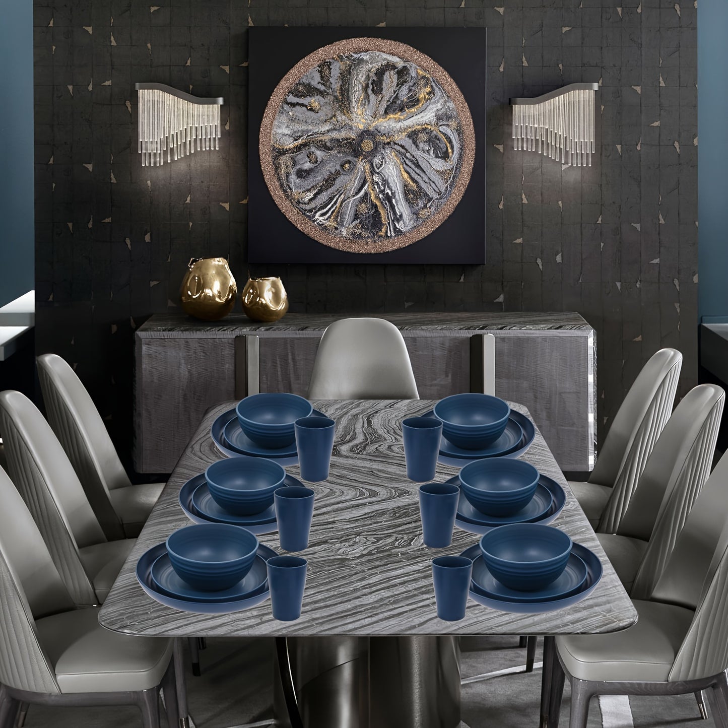 32pcs Wheat Straw Dinnerware Sets, Dinnerware Sets For 8, Plates And Bowls Sets, Reusable Dinnerware Set, Microwave Dishwasher Safe, Blue Plastic Dinnerware Sets Include 16pcs Plates, 8pcs Bowls, 8pcs Cups