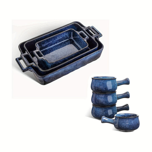 Vicrays 7-Piece Kitchen Bakeware Set, French Onion Soup Bowls With Handles, Soup Crocks for French Onion Soup, Cereal, Beef Stew, Chill, Pasta, Pot Pies, Microwave and Oven Safe (Blue)