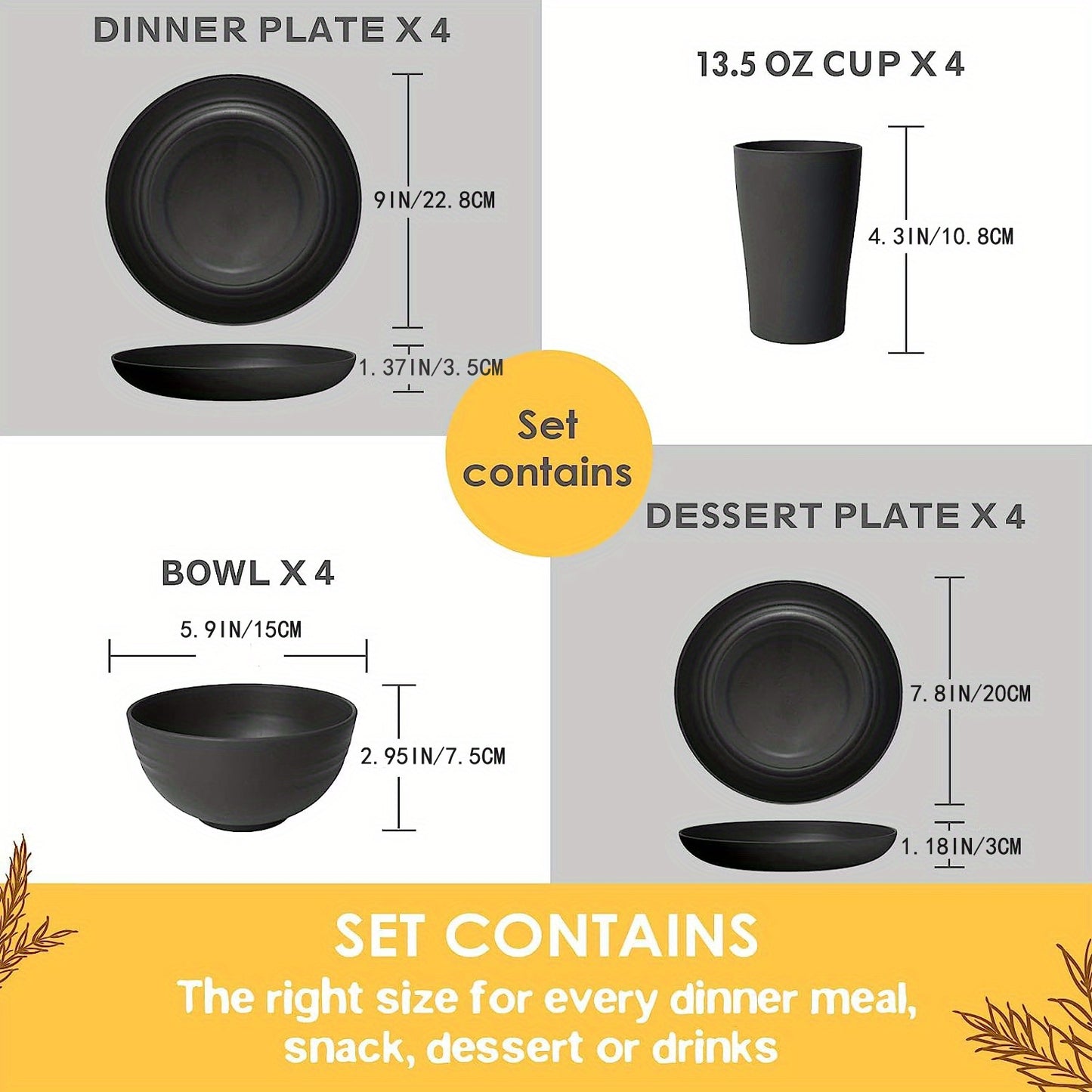 Premium Straw Tableware Set, 16 Unbreakable Tableware Sets, Microwave And Dishwasher Safe, Black Set of 8 Plates, 4 Bowls, 4 Cups.