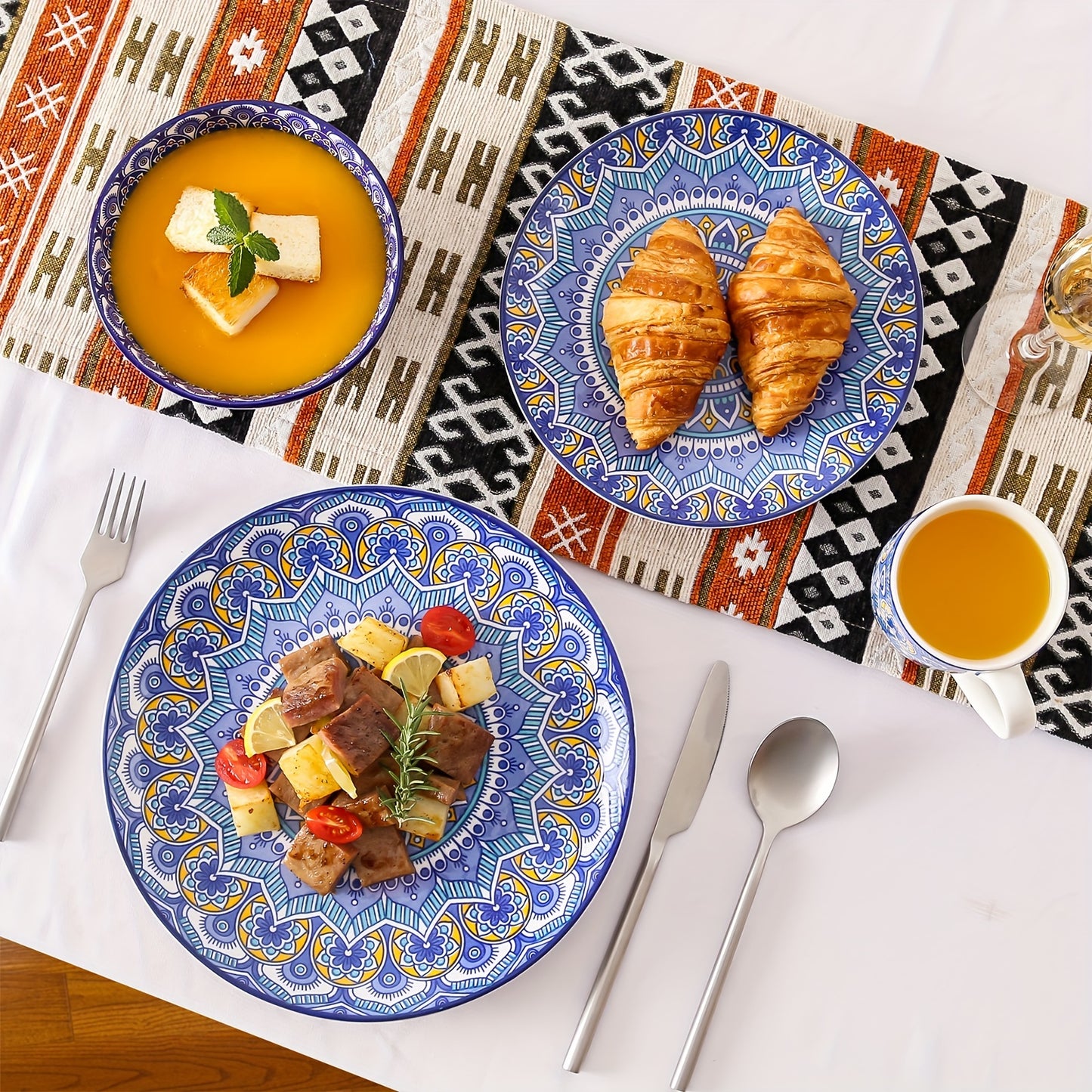 16-Piece Blue Boho Porcelain Dinnerware Set - Stylish Tableware for Home, Kitchen & Restaurant - Durable, Versatile, Serves 4 - Includes Plates, Bowls, & Cups - Microwave & Dishwasher Safe