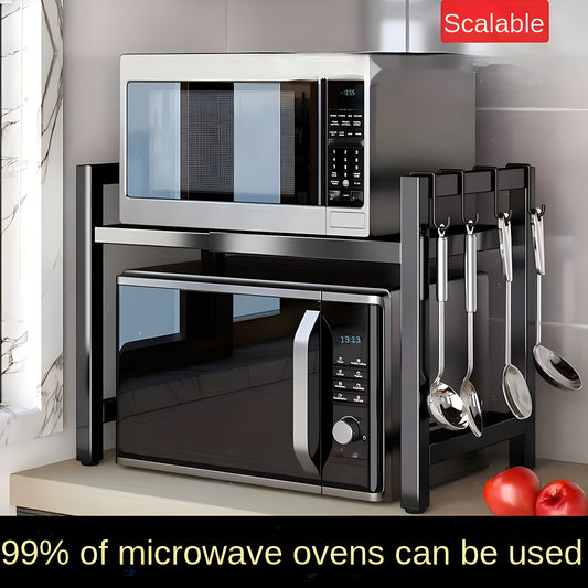 [Popular Choice] Expandable Carbon Steel Microwave Oven Rack with 6 Hooks - Countertop Kitchen Storage for Utensils and Tableware, Ideal Mother's Day Gift for Wife