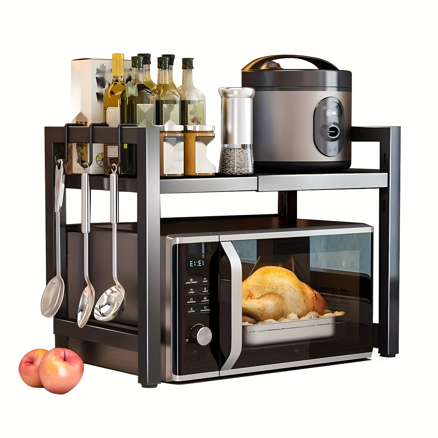 [Popular Choice] Expandable Carbon Steel Microwave Oven Rack with 6 Hooks - Countertop Kitchen Storage for Utensils and Tableware, Ideal Mother's Day Gift for Wife