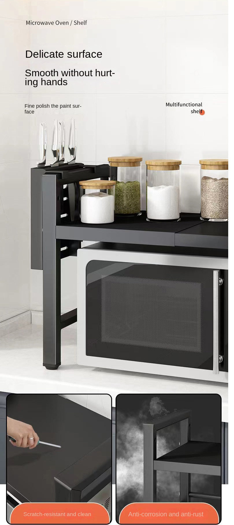 [Popular Choice] Expandable Carbon Steel Microwave Oven Rack with 6 Hooks - Countertop Kitchen Storage for Utensils and Tableware, Ideal Mother's Day Gift for Wife