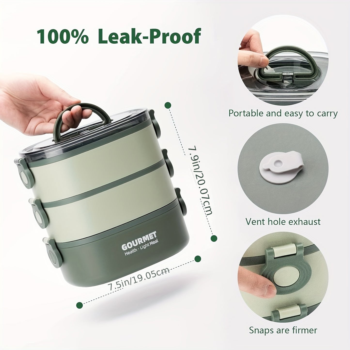 Bento Box Lunch Box, Stackable 3 Layers Food Containers, Leak-Proof Portable 2.80L Large Capacity Lunch Box, Microwave Safe Bento Box For Adults To Work School Camping-Green