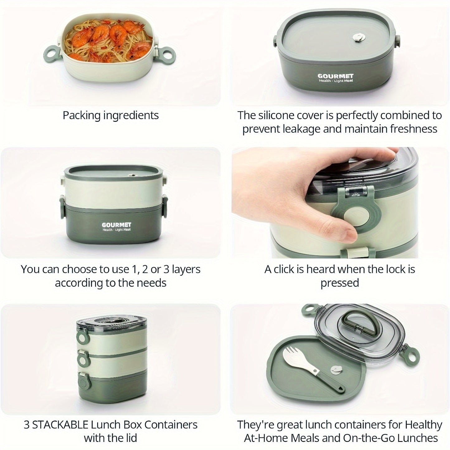 Bento Box Lunch Box, Stackable 3 Layers Food Containers, Leak-Proof Portable 2.80L Large Capacity Lunch Box, Microwave Safe Bento Box For Adults To Work School Camping-Green