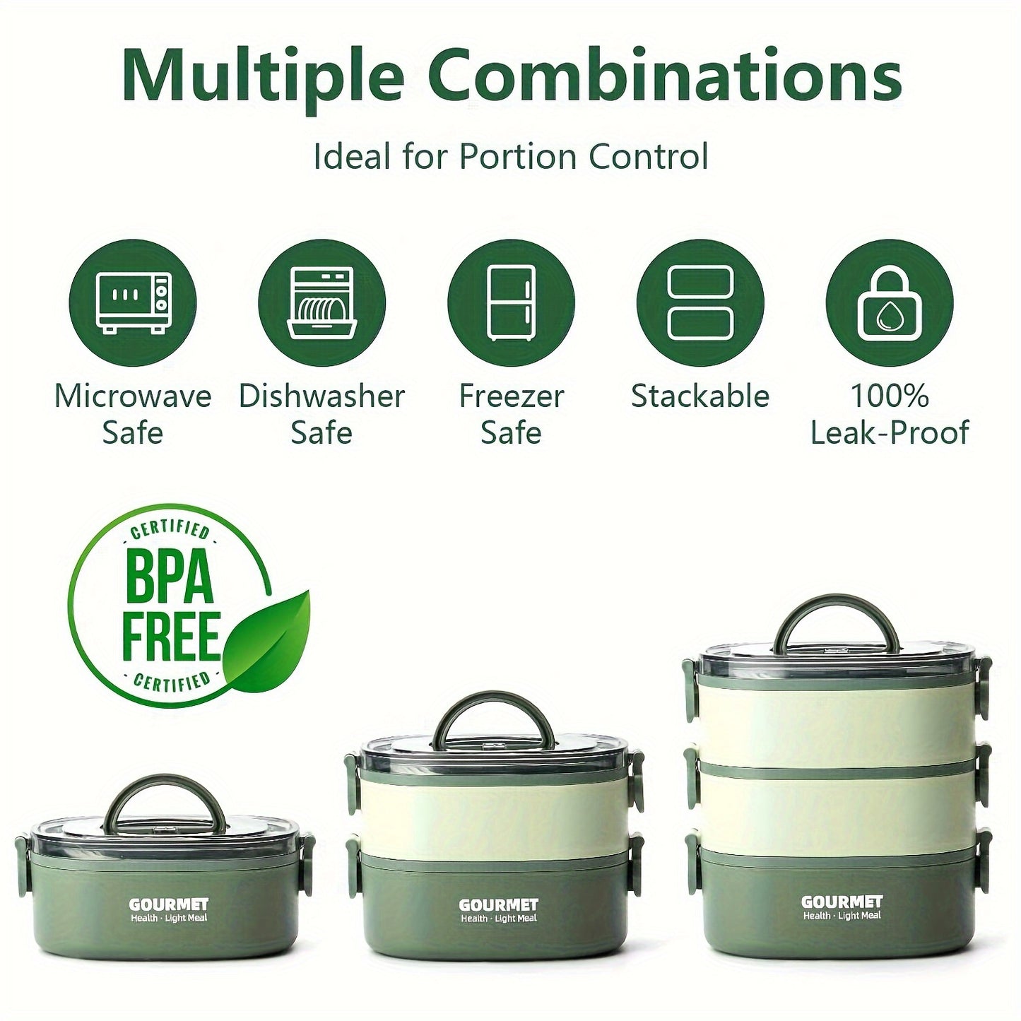 Bento Box Lunch Box, Stackable 3 Layers Food Containers, Leak-Proof Portable 2.80L Large Capacity Lunch Box, Microwave Safe Bento Box For Adults To Work School Camping-Green