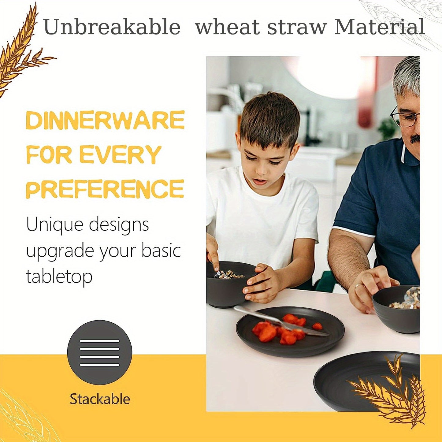16pcs Durable Wheat Straw Set - Reusable Microwave & Dishwasher Safe Dinnerware Set - Plates, Bowls, and Cups - Black (Set of 4) for Everyday Use!