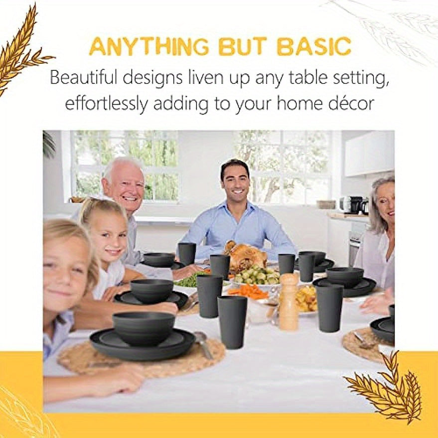 16pcs Durable Wheat Straw Set - Reusable Microwave & Dishwasher Safe Dinnerware Set - Plates, Bowls, and Cups - Black (Set of 4) for Everyday Use!
