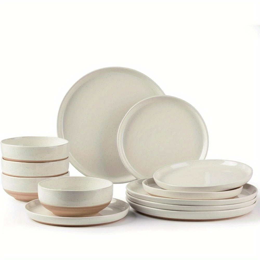 Ceramic Dinnerware Sets for 4, 12 Pieces Handpainted Plates and Bowls Set with Rustic Terracotta Underside, Scratch Resistant Stoneware Dishes Set, Dishwasher & Microwave Safe, Light Beige