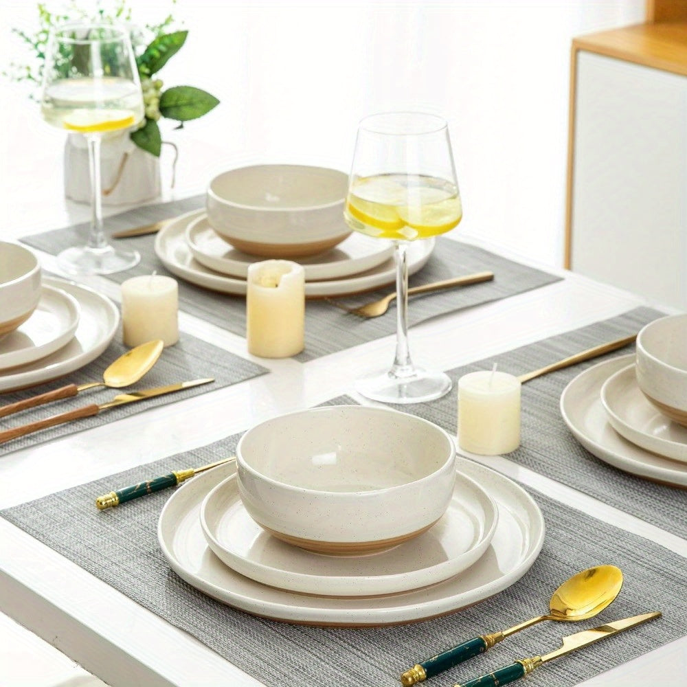 Ceramic Dinnerware Sets for 4, 12 Pieces Handpainted Plates and Bowls Set with Rustic Terracotta Underside, Scratch Resistant Stoneware Dishes Set, Dishwasher & Microwave Safe, Light Beige