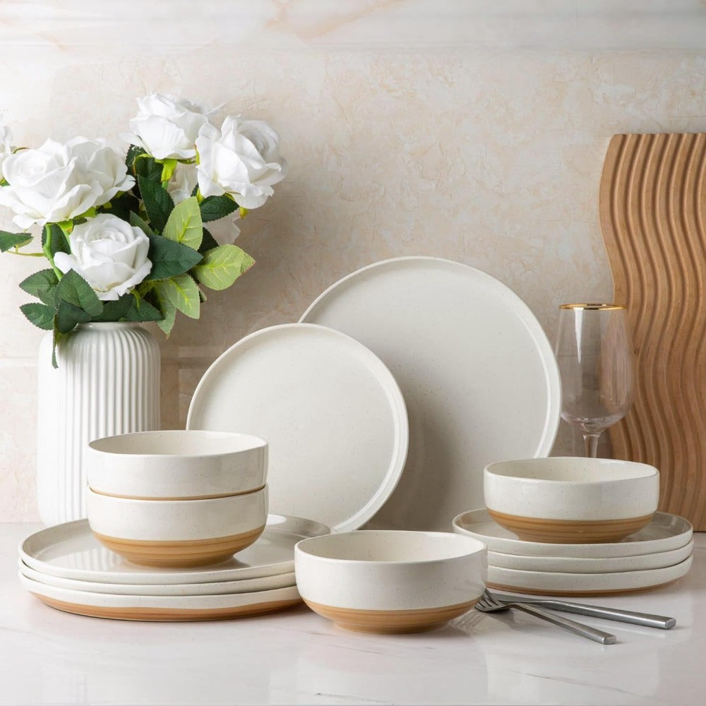 Ceramic Dinnerware Sets for 4, 12 Pieces Handpainted Plates and Bowls Set with Rustic Terracotta Underside, Scratch Resistant Stoneware Dishes Set, Dishwasher & Microwave Safe, Light Beige