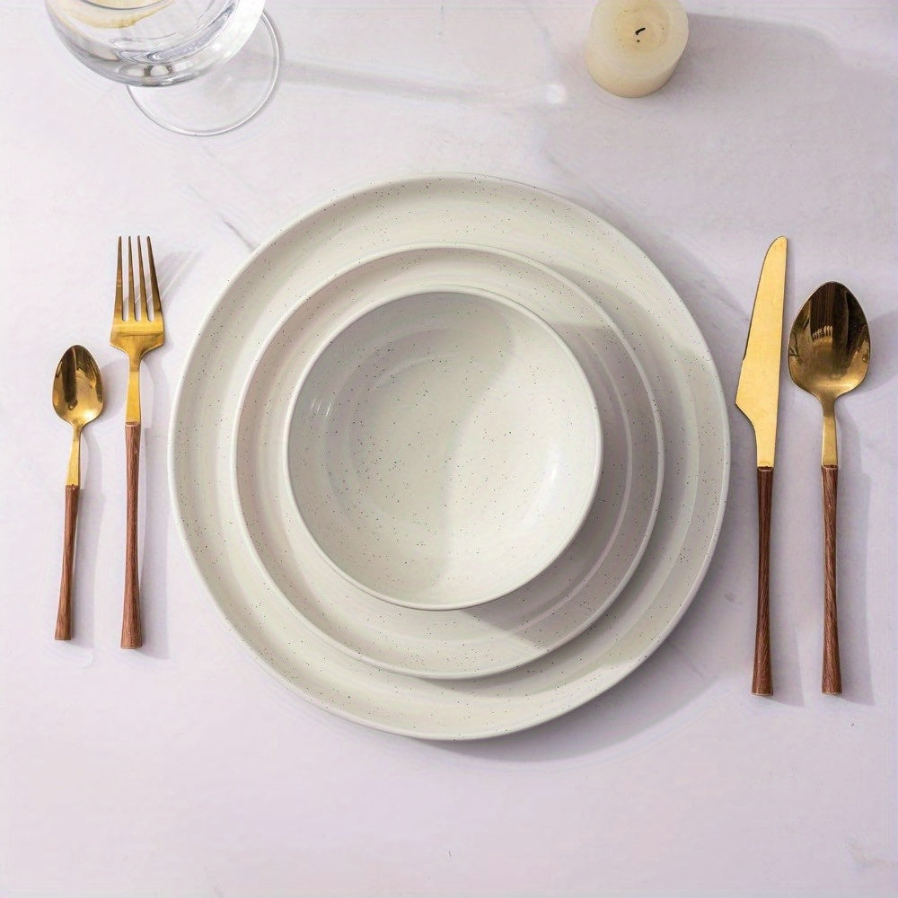 Ceramic Dinnerware Sets for 4, 12 Pieces Handpainted Plates and Bowls Set with Rustic Terracotta Underside, Scratch Resistant Stoneware Dishes Set, Dishwasher & Microwave Safe, Light Beige