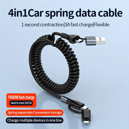 4in1 Multifunctional Fast Charging USB Cable, For 4-in-1 Data Cable with Spring Wire, PU Wire + Aluminum Alloy Material, 1.5 Meters After Stretching, for Type-C 60W, Universal for Phones, notebooks (supporting Data Transmissi