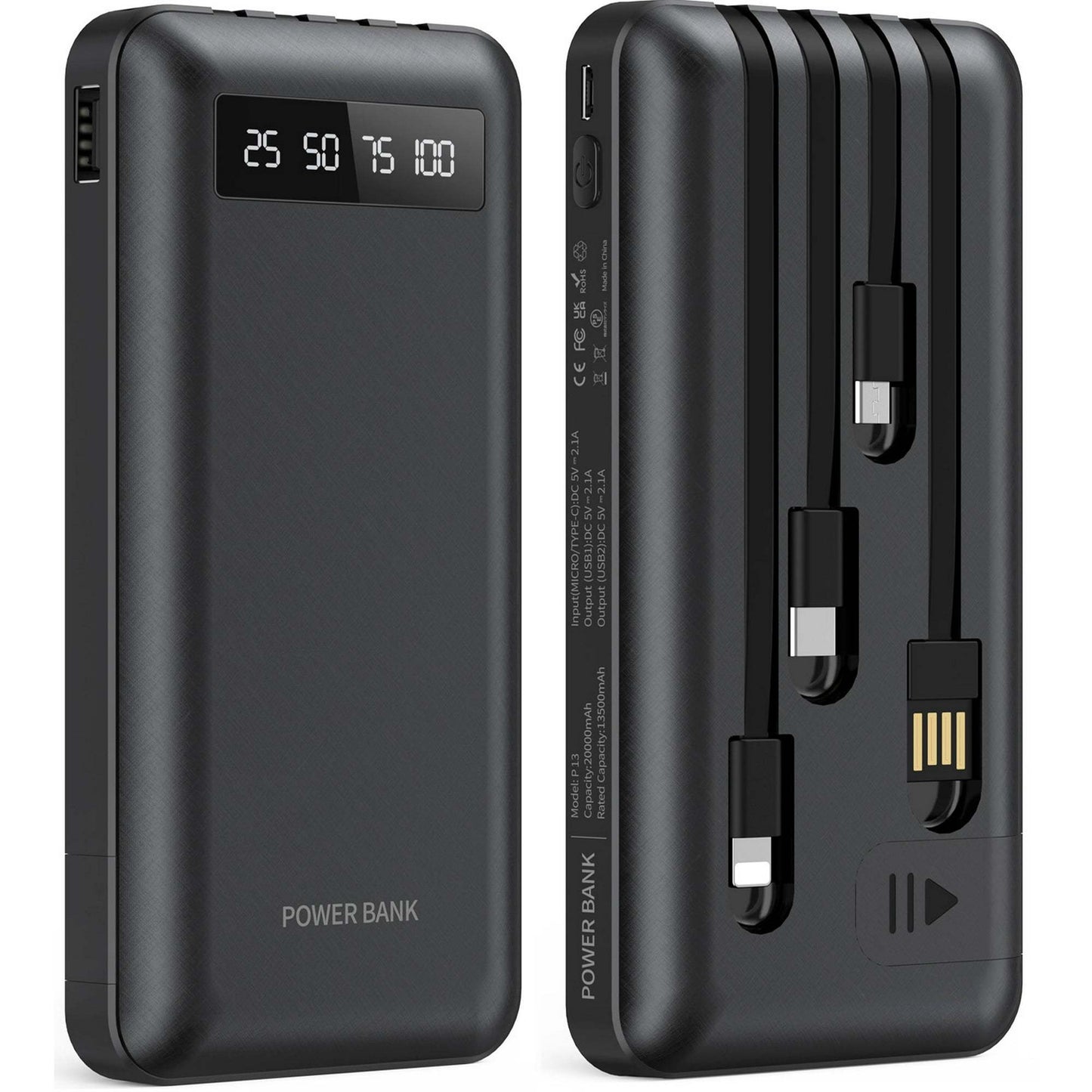20000mAh Multi-Functional Power Bank - Portable Charger for Fast USB Charging of Mobile Phones with Cable