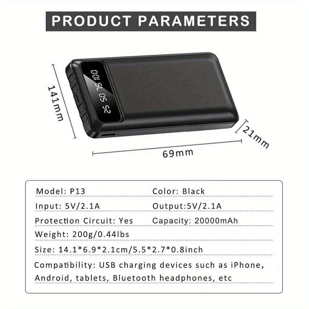 20000mAh Multi-Functional Power Bank - Portable Charger for Fast USB Charging of Mobile Phones with Cable