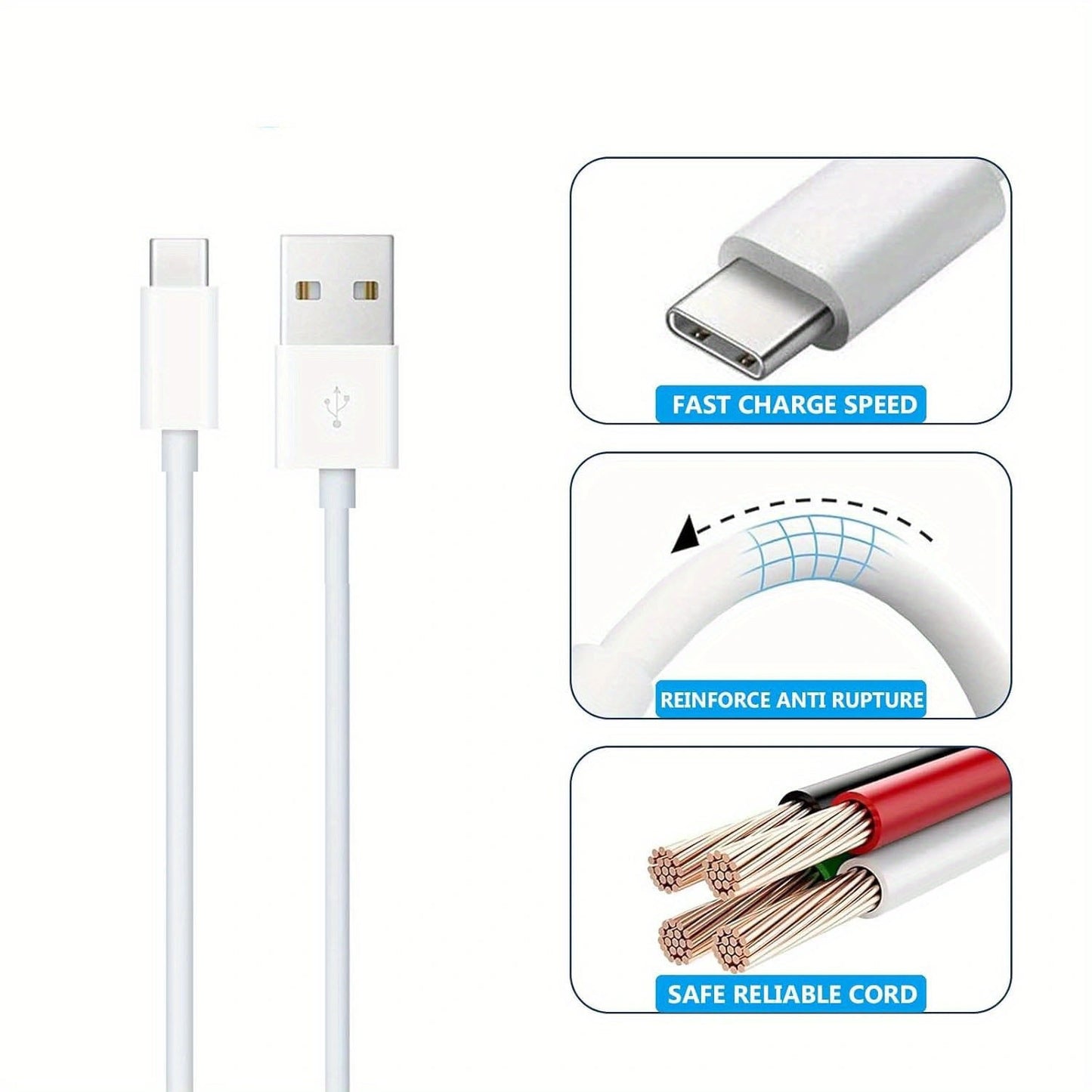 2A USB Type-C Fast Charging Cable: 3.3Ft/1M, Compatible with Xiaomi, Redmi, Samsung Mobile Phones - USB-C Wire