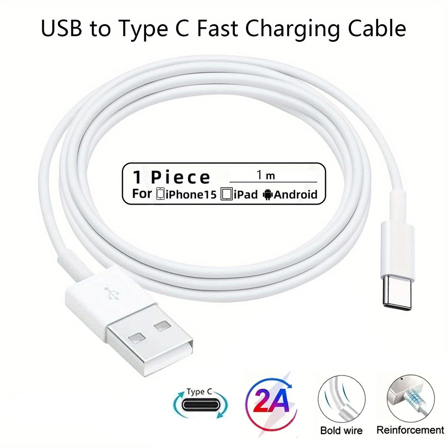 2A USB Type-C Fast Charging Cable: 3.3Ft/1M, Compatible with Xiaomi, Redmi, Samsung Mobile Phones - USB-C Wire