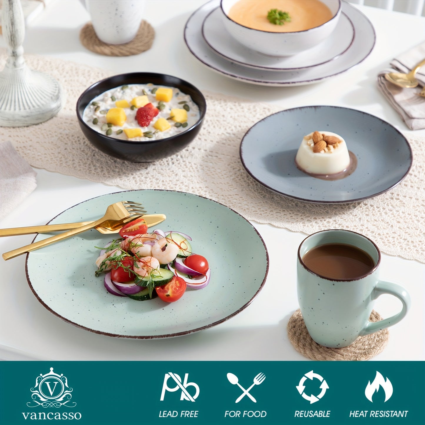 16-Piece Vancasso Round Stoneware Dinnerware Set - Sesame Glaze, Matt Finish, Service for 4, Durable, Chip-Resistant, Easy to Clean, Microwave and Dishwasher Safe
