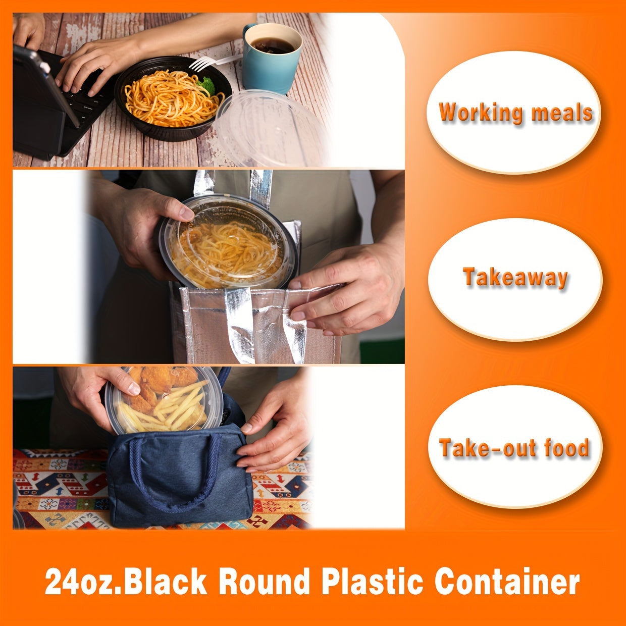 [50Pcs  24oz] Black Round Food Storage Container, Meal Prep Containers with Lids, Disposable Plastic To Go Containers, Bento Box, Stackable, Leak-Proof, BPA-Free, Microwave Safe, Dishwasher Safe, Kitchen Organizers and Storag