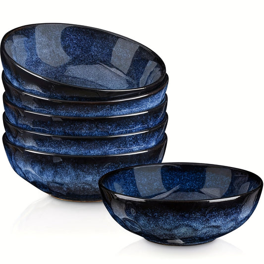 vicrays Ceramic Pasta Bowls Set, 32 Ounce Soup Bowls, Large Salad Bowls, Fluted stoneware Bowls for Kitchen, Chip Resistant, Dishwasher Microwave Safe, Serving Bowls, Set of 6 (Blue)