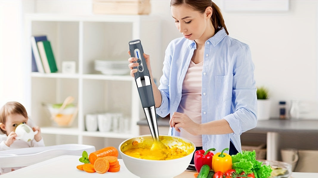 Cordless Immersion Blender, 4-in-1 Rechargeable Electric Hand Blender, 21-Speeds & 3-Angle Adjustable With 23.67oz Chopper, 23.67oz Beaker, Egg Whisk And Beater For Smoothies, Soup, Baby Food (Grey)