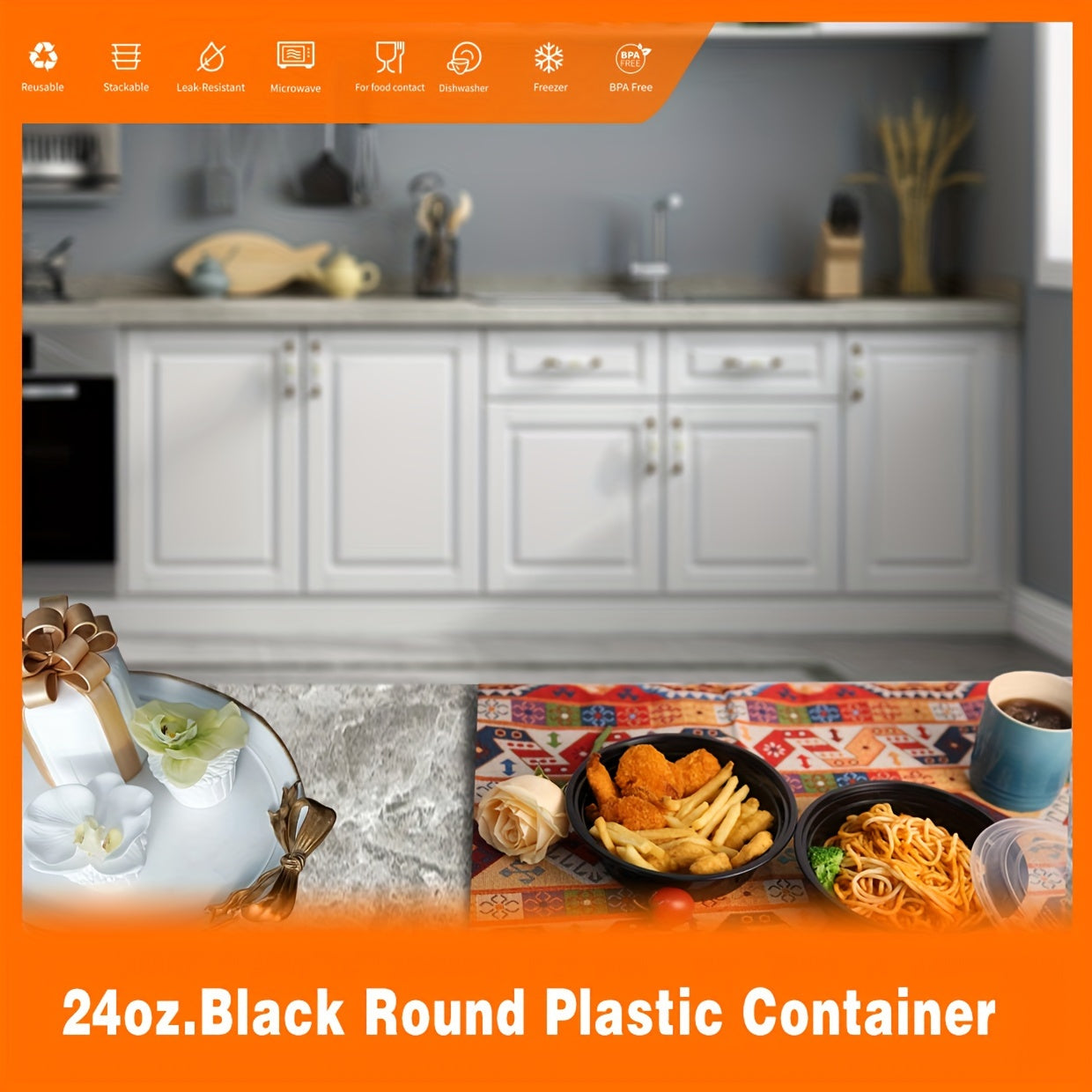 [50Pcs  24oz] Black Round Food Storage Container, Meal Prep Containers with Lids, Disposable Plastic To Go Containers, Bento Box, Stackable, Leak-Proof, BPA-Free, Microwave Safe, Dishwasher Safe, Kitchen Organizers and Storag