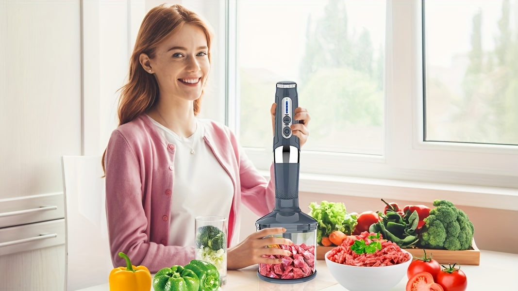 Cordless Immersion Blender, 4-in-1 Rechargeable Electric Hand Blender, 21-Speeds & 3-Angle Adjustable With 23.67oz Chopper, 23.67oz Beaker, Egg Whisk And Beater For Smoothies, Soup, Baby Food (Grey)