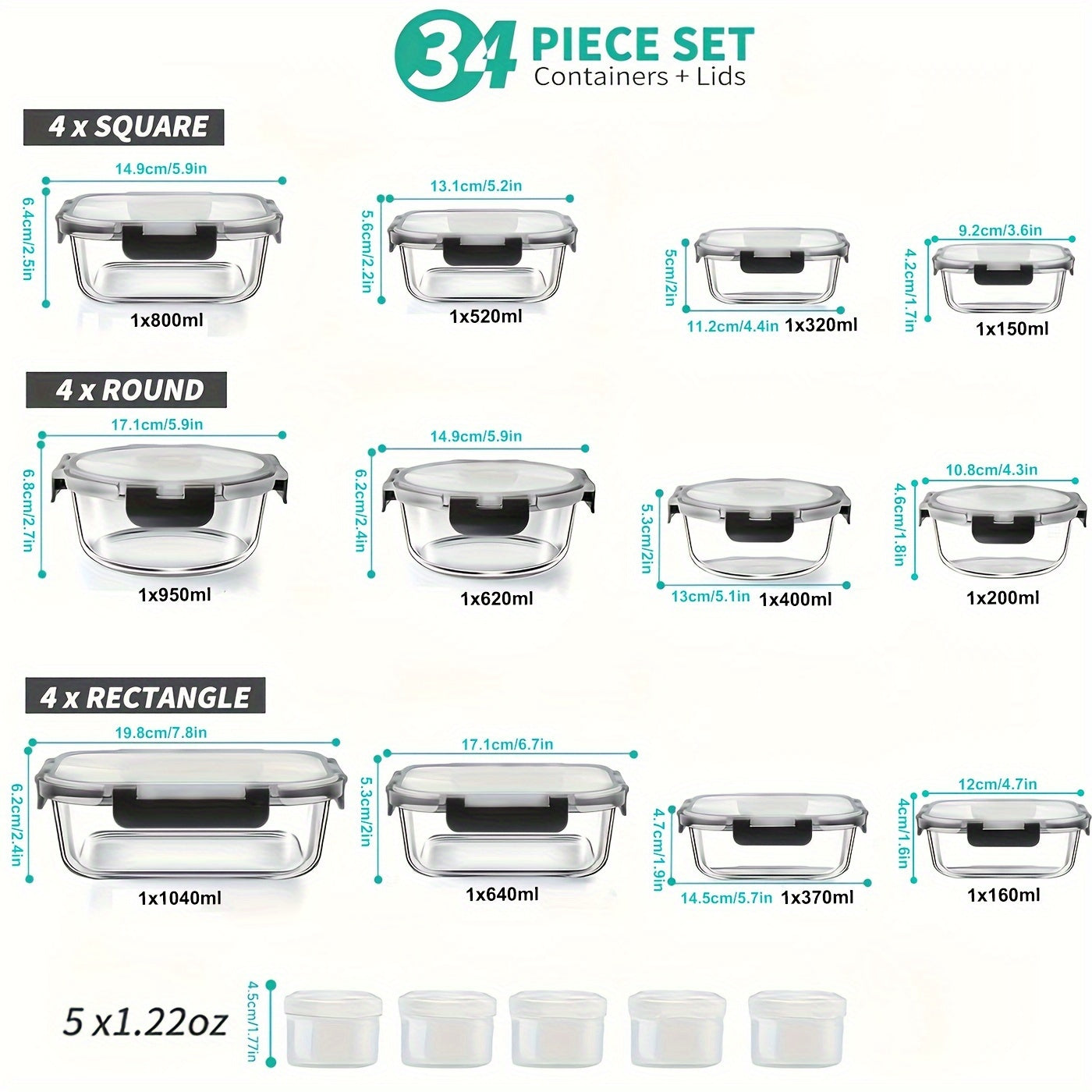 34-piece set of glass food storage containers with lids, airtight glass meal prep containers (17 containers and 17 lids), leak-proof lunch containers BPA-free, microwave, oven, freezer, dishwasher safe, black