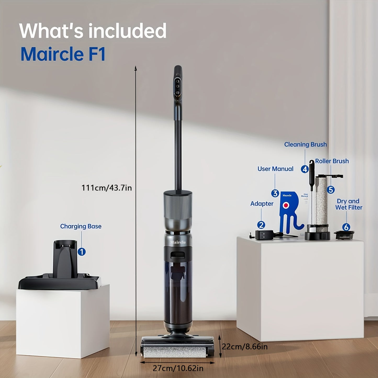 Maircle F1 Cordless Wet Dry Vacuum Cleaner, Lightweight Cordless Floor Washer With Voice Assistance, LED Screen Multi-Surface Vacuum Mop All In One With Self-Cleaning For Hardwood Floors