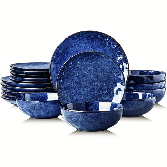 vicrays 18-Piece Kitchen Dinnerware Set, Ceramic Fluted Dinner Plates, Salad Plates, Bowls Set, Microwave, Oven, and Dishwasher Safe, Scratch Resistant, Suitable for Home, Party, Restaurant (Blue)