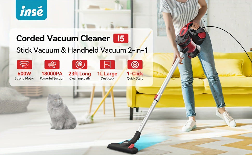 INSE Corded Stick Vacuum Cleaner - 600W Powerhouse with 18000Pa Super Suction - Pet Hair Eraser & Hard Floor Whisper Clean