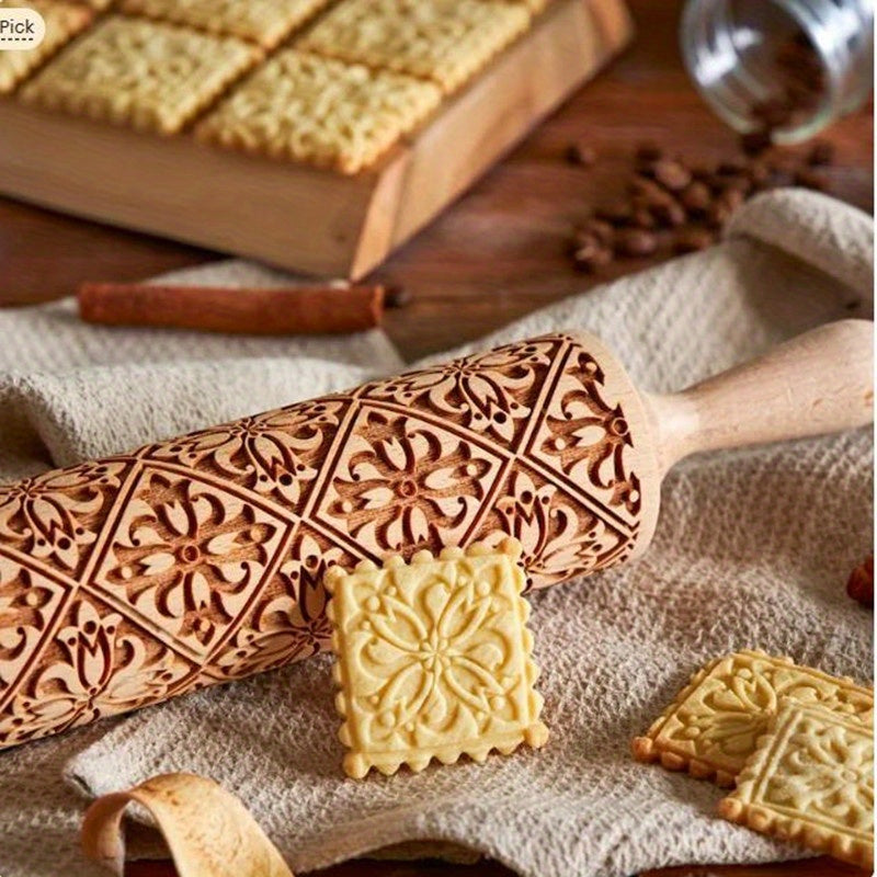 1pc Wooden Lasercarved Pattern Rolling Pin, Festive Holiday Baking Tool for Christmas, Halloween, Easter, Thanksgiving, St. Patrick'S Day, Cookie & Pizza Embossing, Kitchen Accessory