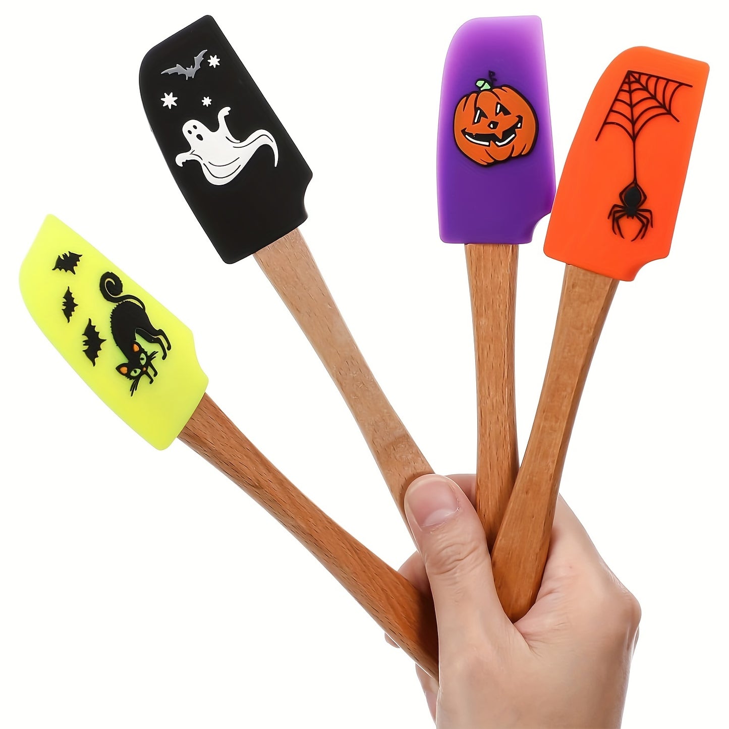 1/4Pcs, Halloween Spatula, Wooden Handle Silicone Spatula, Heat Resistant Silicone Scraper Set, Cream Spatula, Kitchen Scraper For Cooking, Baking And Mixing, Pumpkin Spatula, Kitchen Supplies, Halloween Gift, Halloween Decor